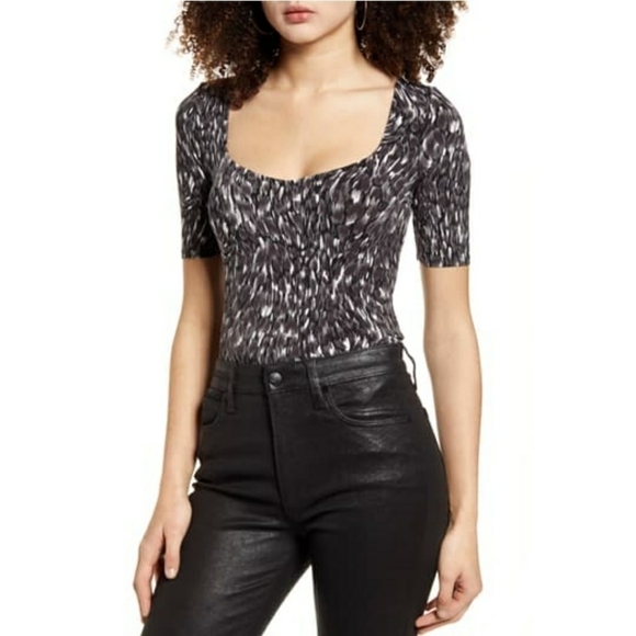 𝅺LEITH Sweetheart Neck Bodysuit sz. XS Black Swirl - Picture 4 of 7